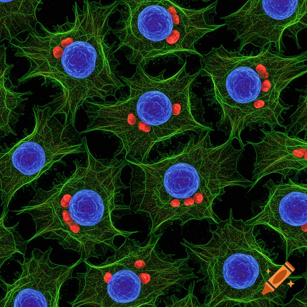 Microscopic view of eukaryotic cells with blue nuclei, red golgi, and green actin filaments