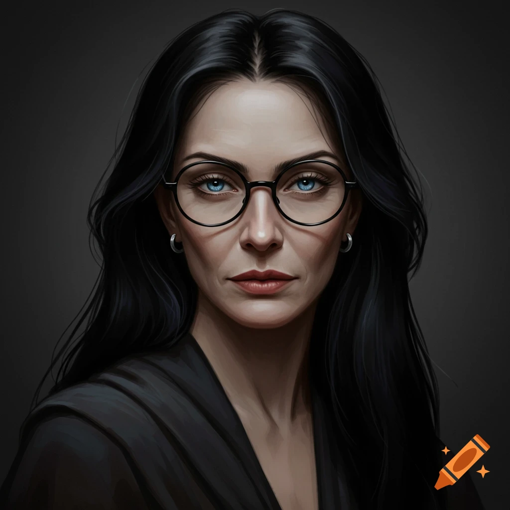 A woman with long black hair, blue eyes, and glasses