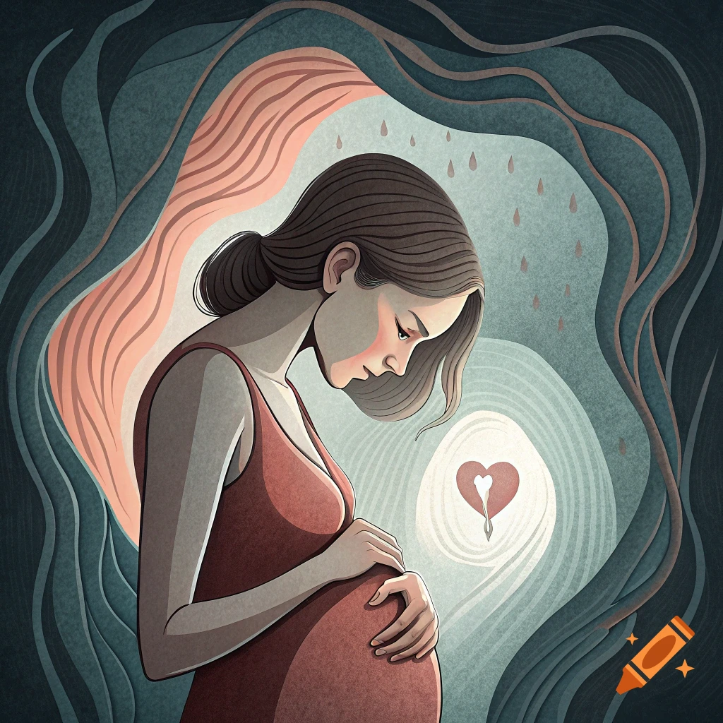 Abstract illustration of a woman holding her pregnant belly, looking down with a somber expression.