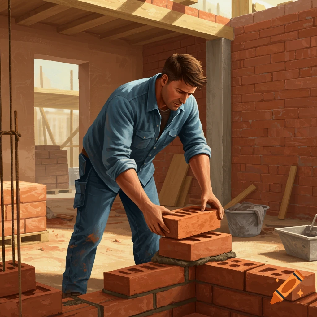 A man laying bricks on a construction site.