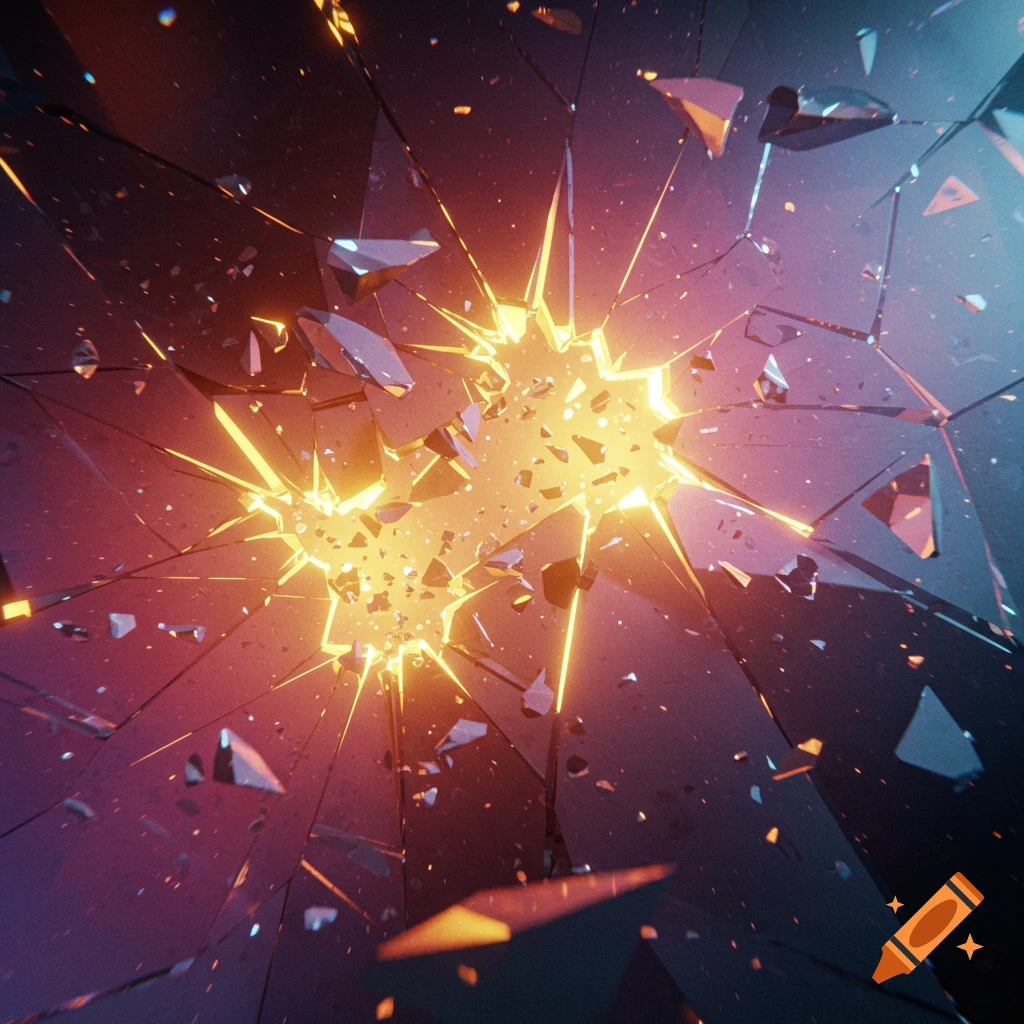 Shattered glass radiating bright orange light.
