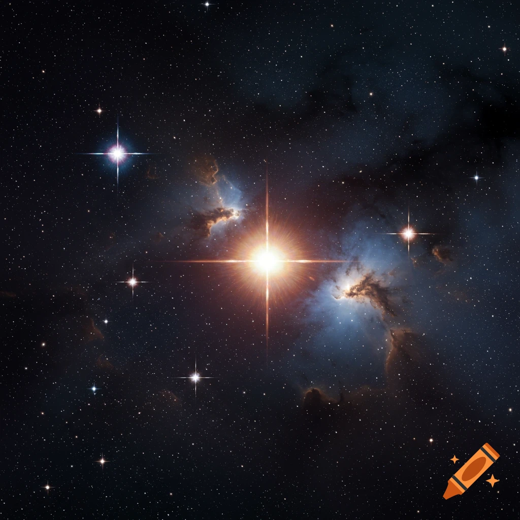 A deep space image showing bright stars and colorful nebulosity.
