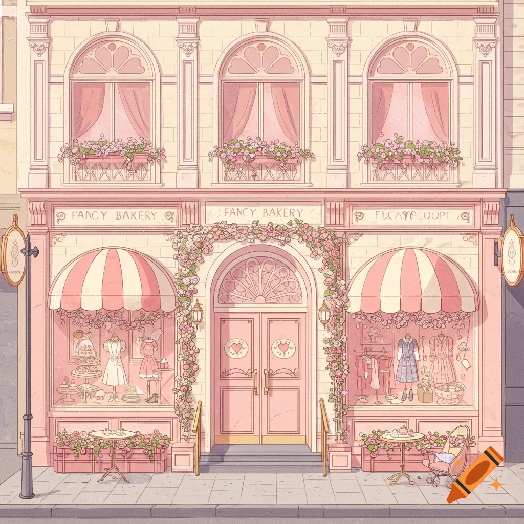 A pink building facade with awnings, flowers, and window displays showing cakes and clothing. Signs above the windows read "FANCY BAKERY" and gibberish.