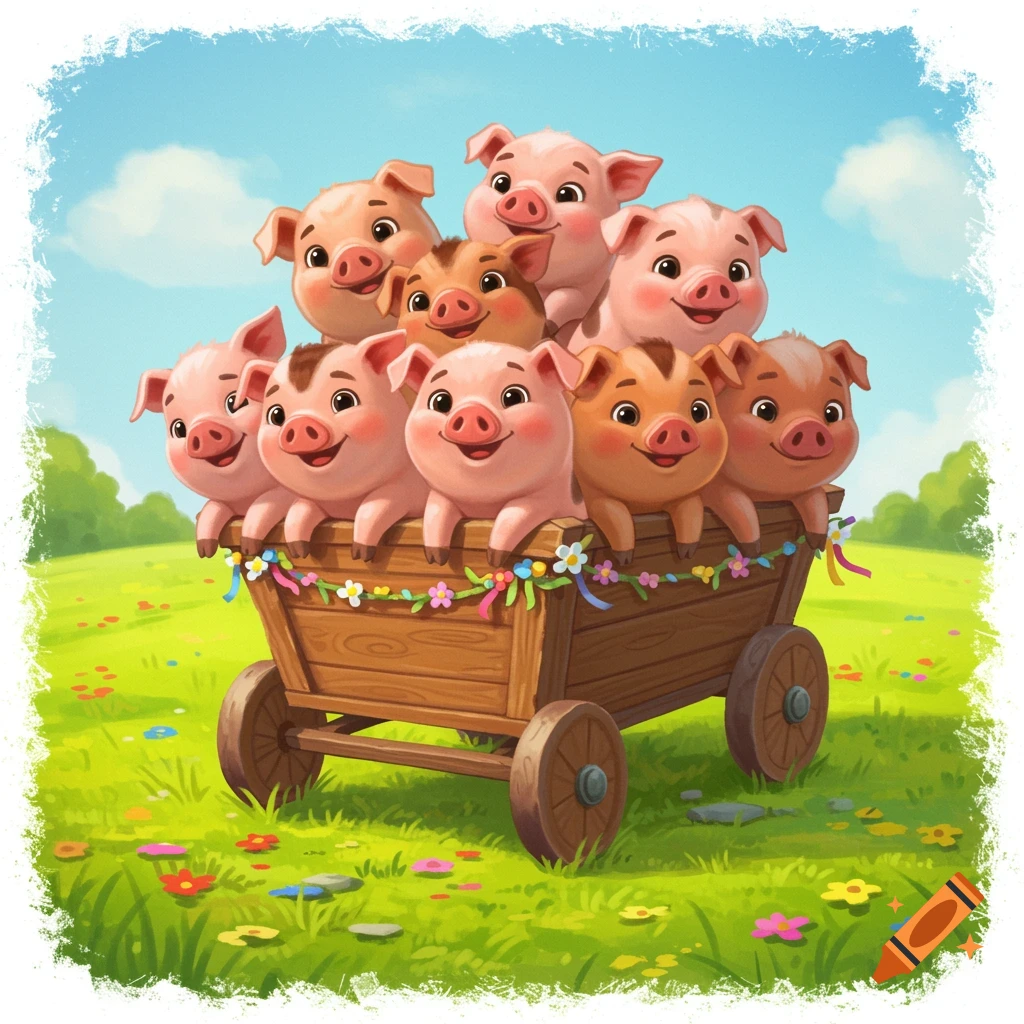 Cartoon piglets ride in a decorated wooden cart in a sunny, grassy field.