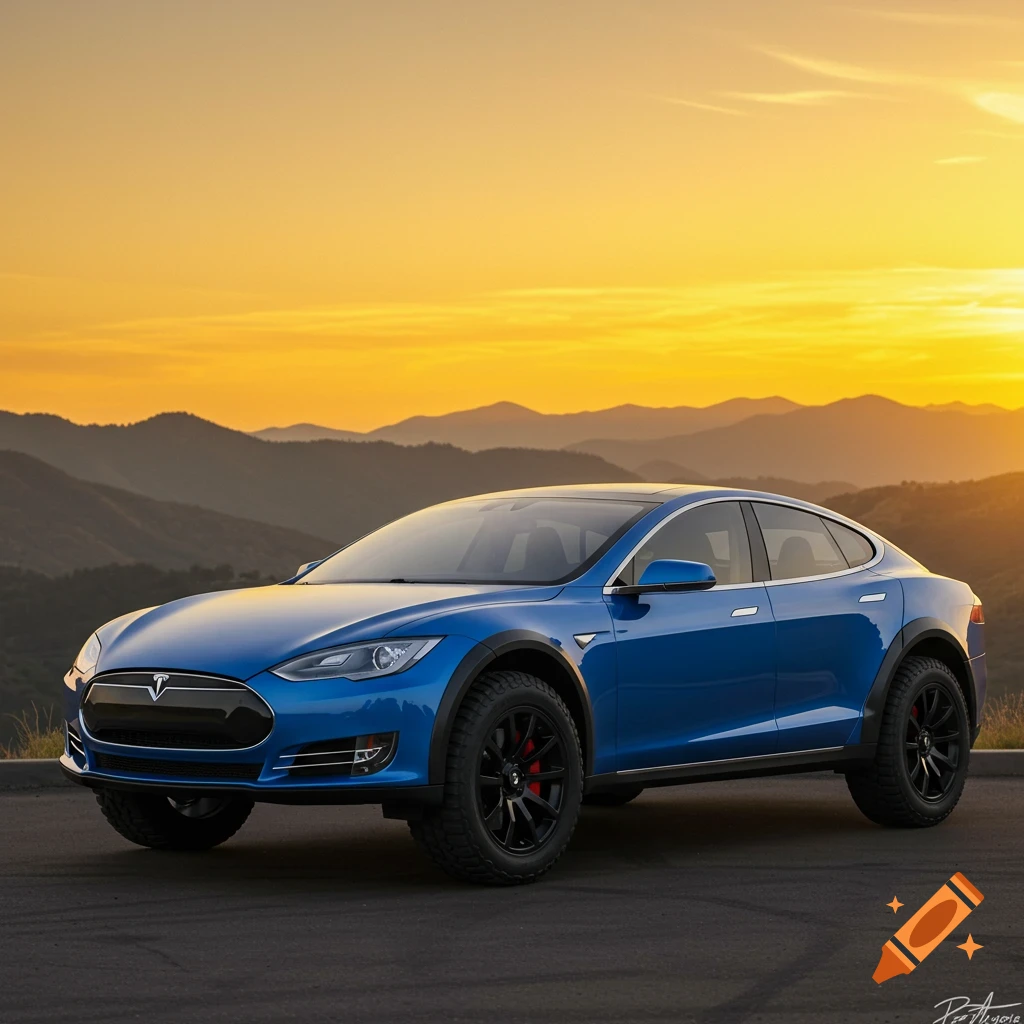 A blue lifted Tesla Model S off-road car parked on a road with mountains at sunset.