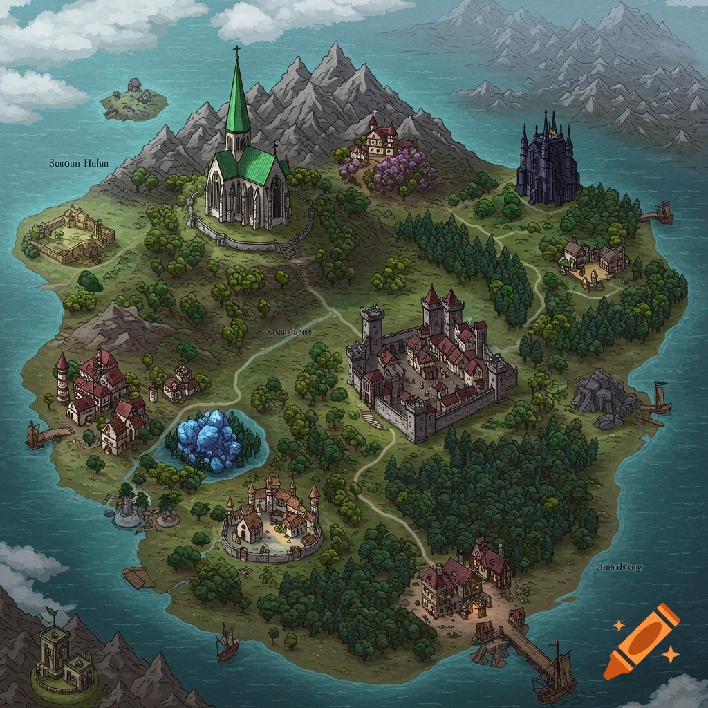 Illustrated fantasy map of an island with a green church, castle, towns, mountains, and sea.