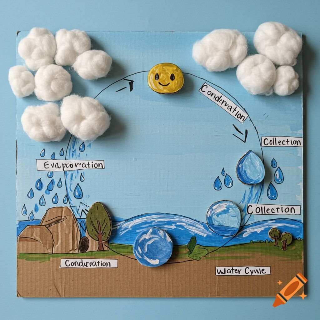 A handmade science model illustrating the water cycle with cotton clouds and painted elements.