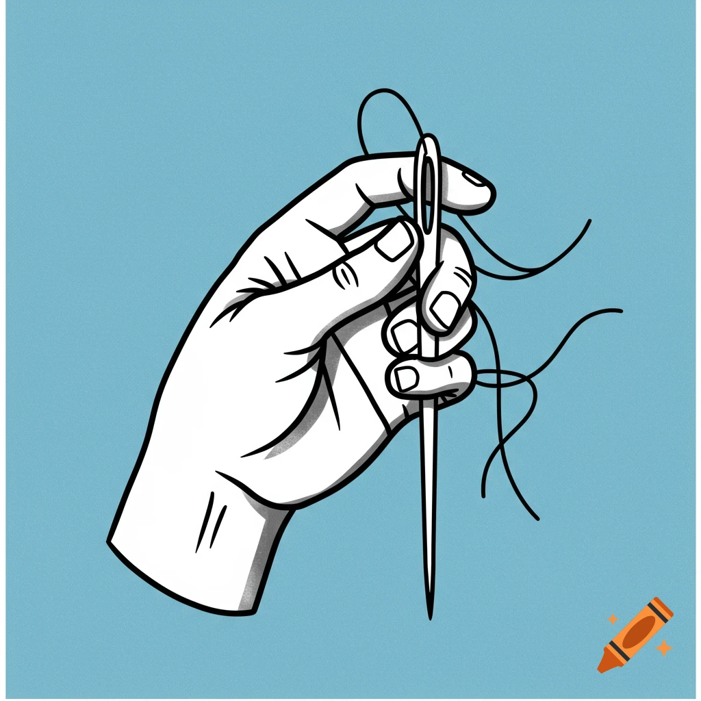 A hand holding a needle and thread, in a traditional tattoo style illustration.