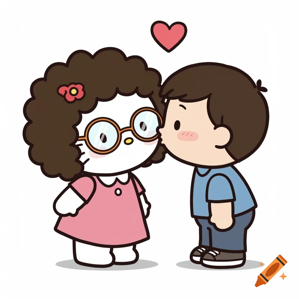 Cartoon of a boy kissing a girl (in Hello Kitty style) on the cheek.