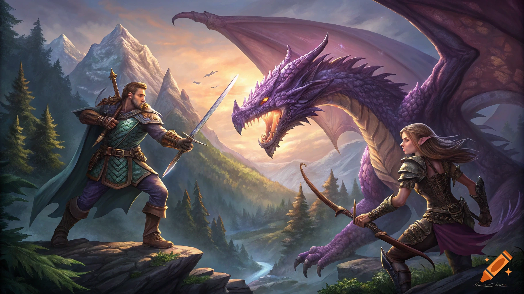 A warrior and an archer battle a large purple dragon in a fantasy mountain landscape.