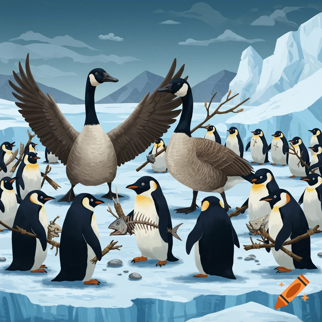 Digital illustration of Canadian geese facing off against penguins in an arctic landscape. The birds hold branches and fish skeletons.