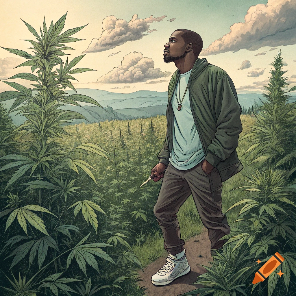 Detailed illustration of a man walking on a path through a field of tall green plants.