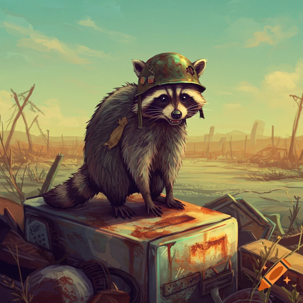 A raccoon wearing a military helmet stands in a post-apocalyptic wasteland.
