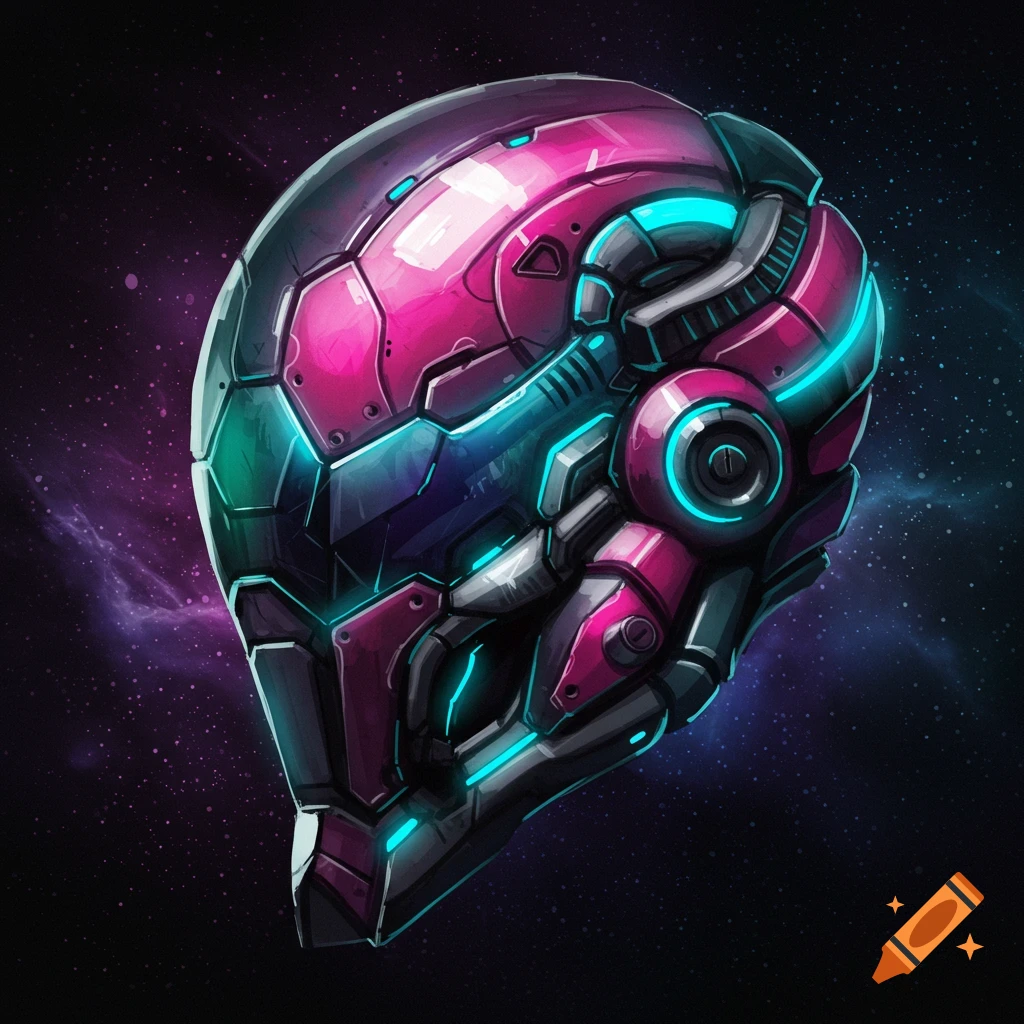 A futuristic sci-fi helmet with pink and blue lights against a space background.