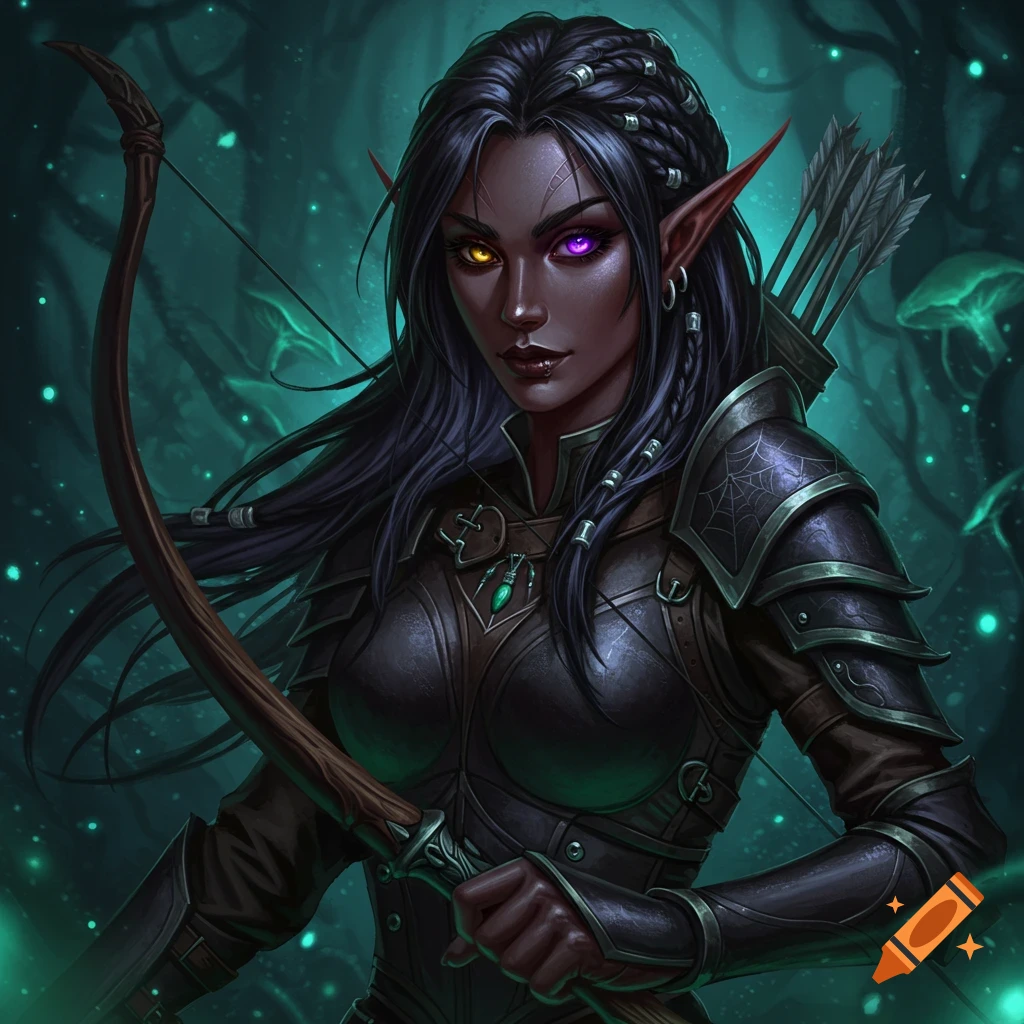 A dark-skinned female drow ranger with heterochromia eyes holds a bow in a dark fantasy forest.
