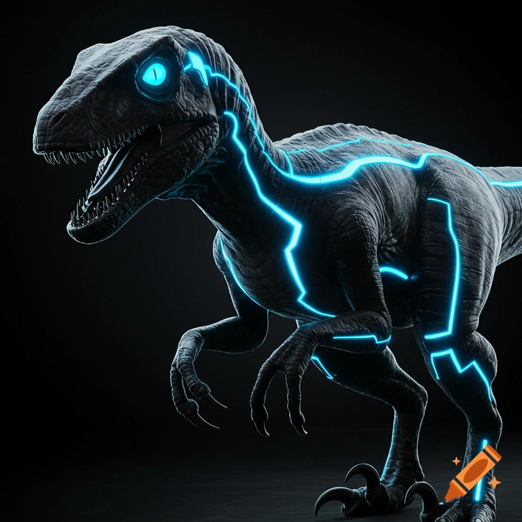 A dark raptor dinosaur with glowing blue lines across its body and eye, in a sci-fi Tron-like style.