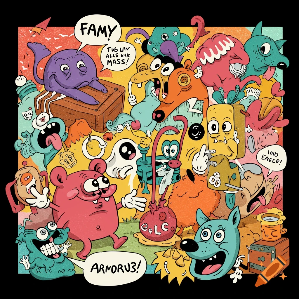 A busy, colorful illustration of various cartoon monsters and creatures with speech bubbles.