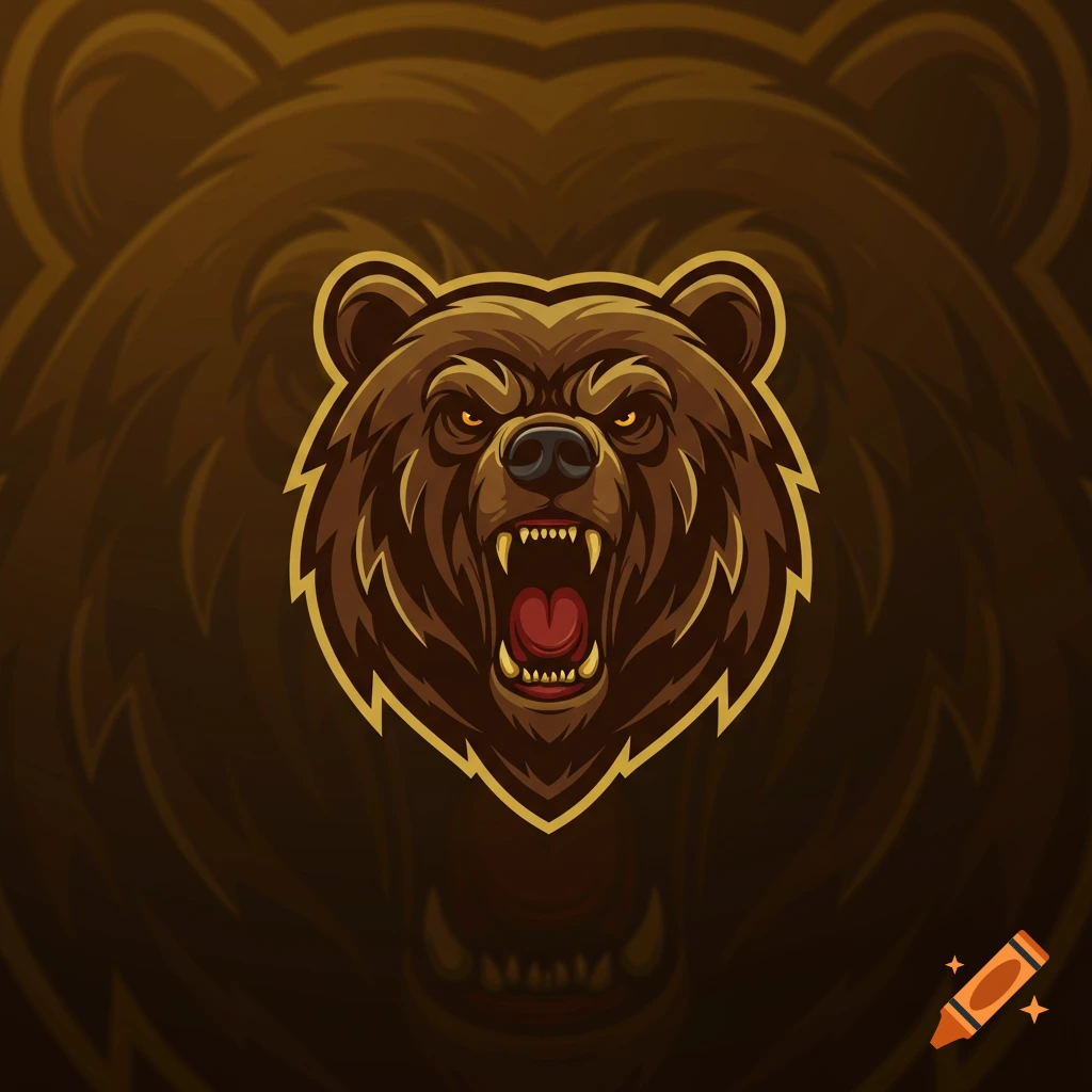 Stylized brown bear head logo with mouth open