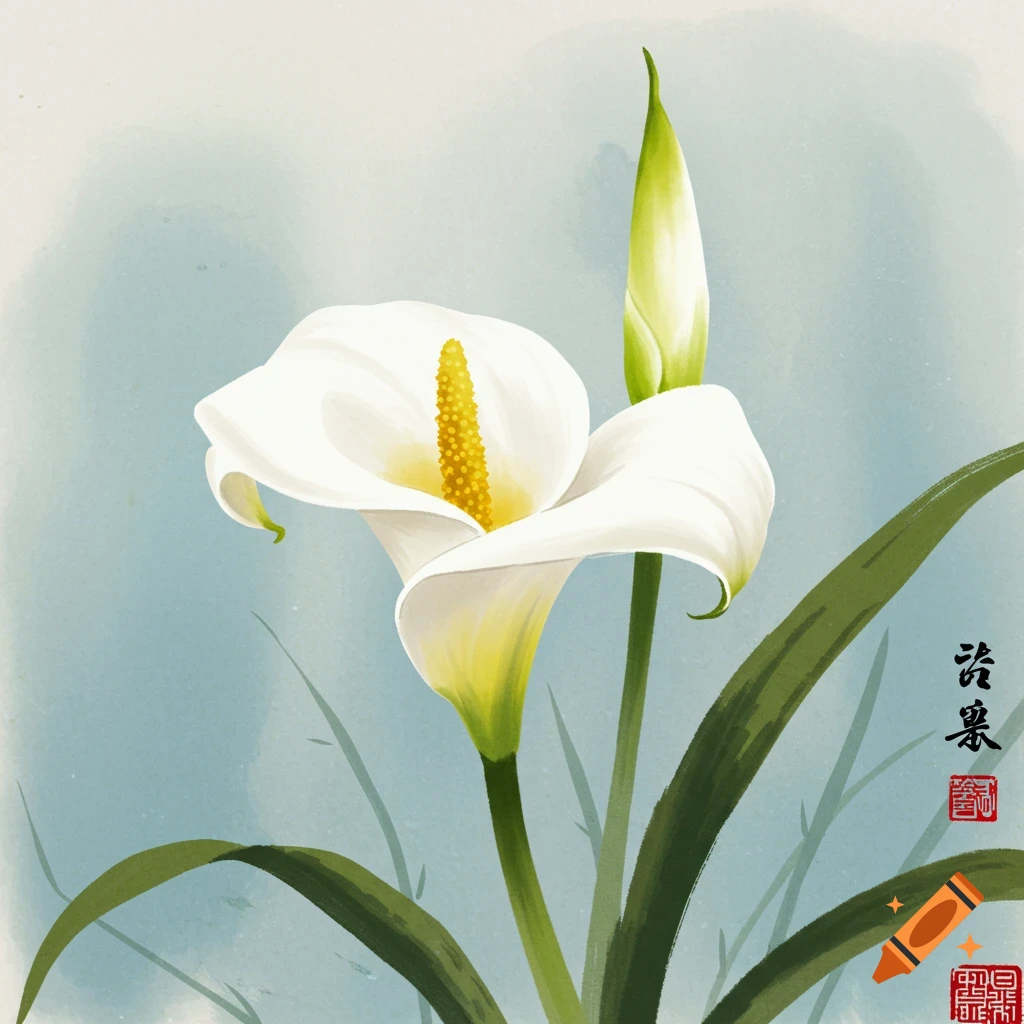 A white calla lily in a Chinese painting style.
