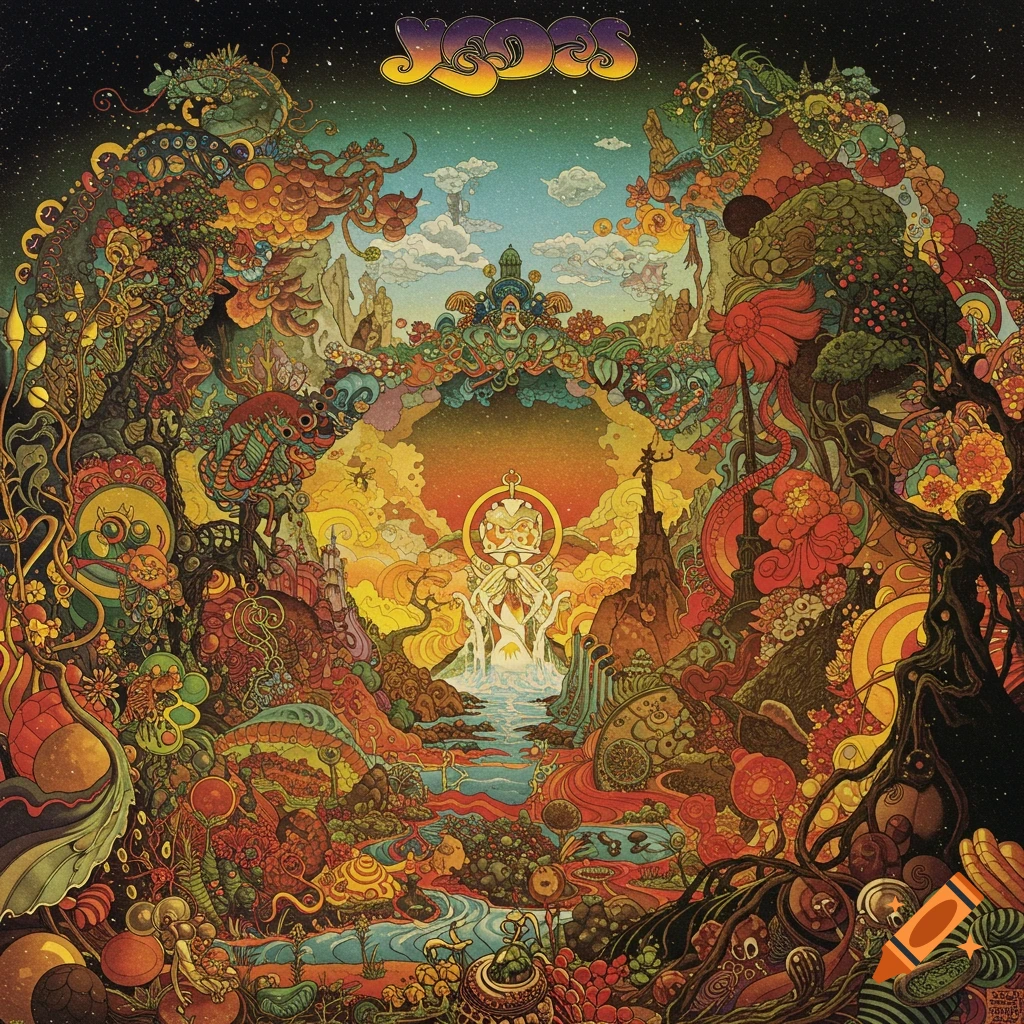 Highly detailed, psychedelic fantasy landscape illustration with strange plants, creatures, and abstract forms, and the band name Yes at the top.