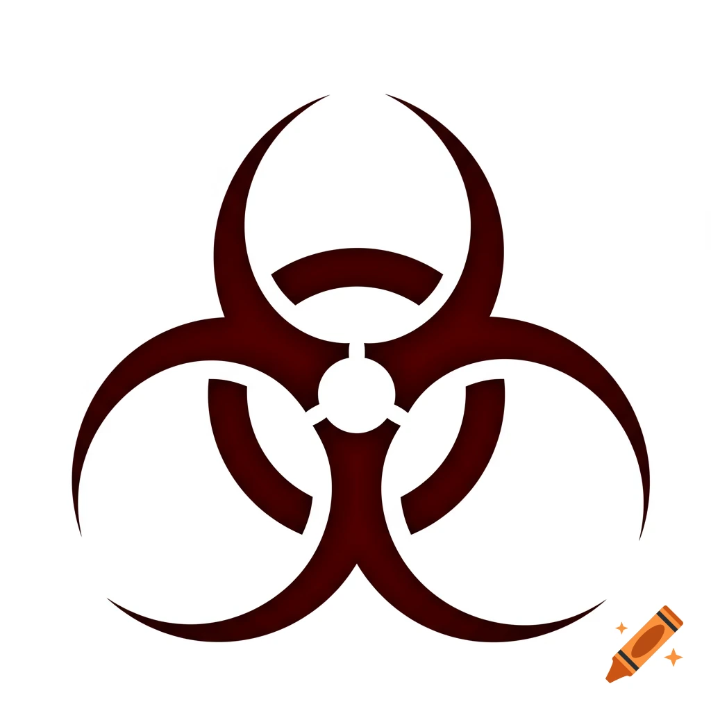 A dark red biohazard symbol on a white background.