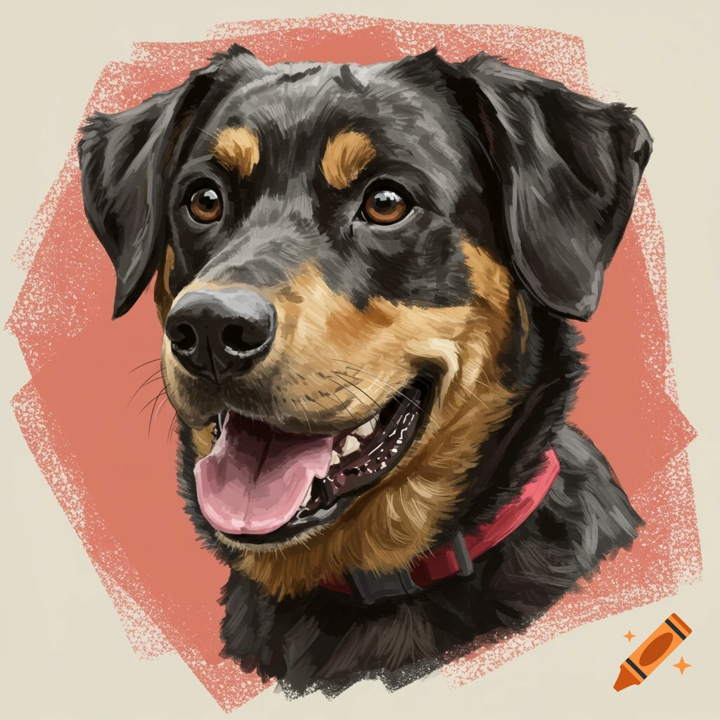 A happy Rottweiler-mix dog looks forward.