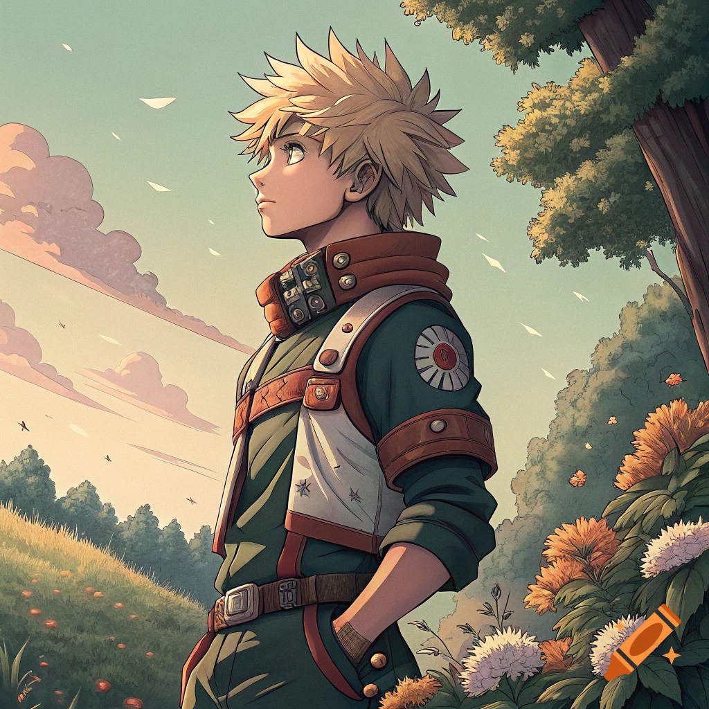 Anime boy with spiky blond hair standing in a field looking at the sky in Studio Ghibli style