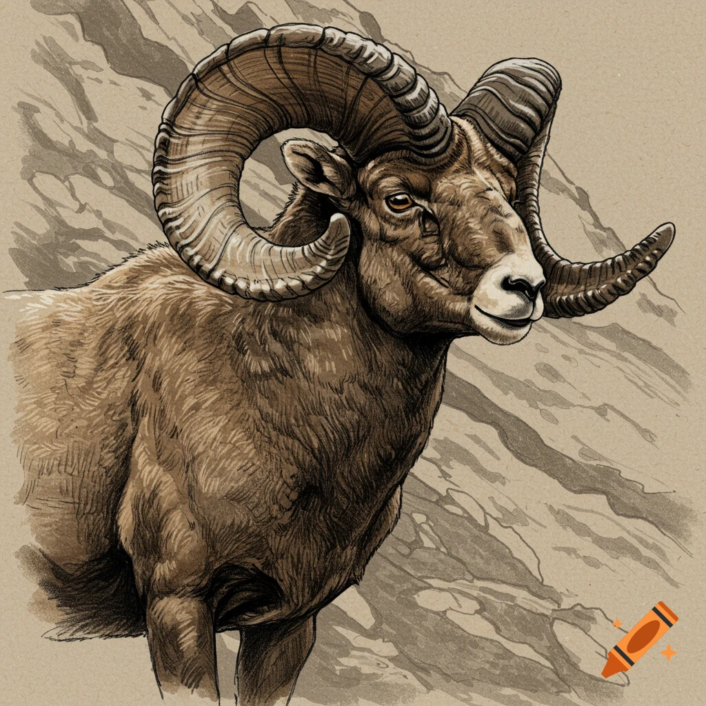 Illustration of a ram with large horns on a textured brown background.