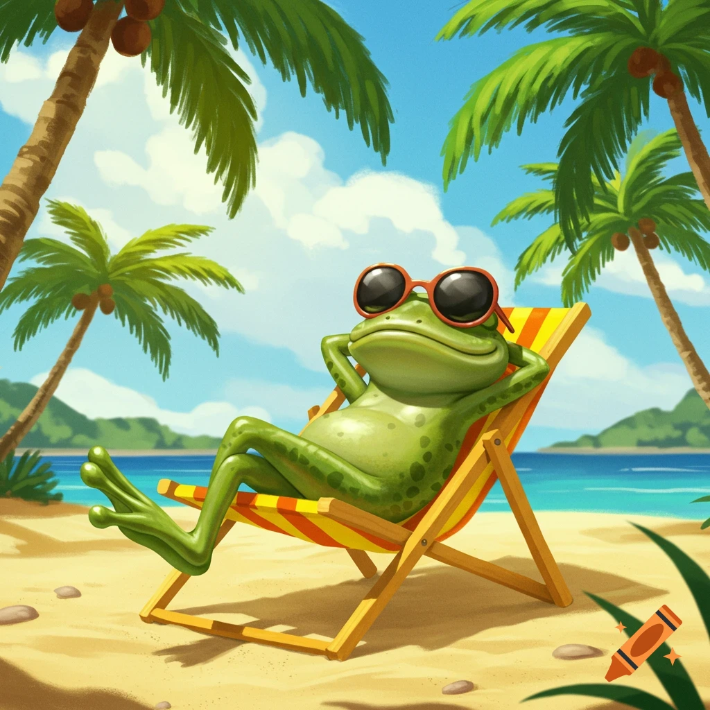 A cartoon frog wearing sunglasses relaxes on a striped beach chair on a sandy beach under palm trees.