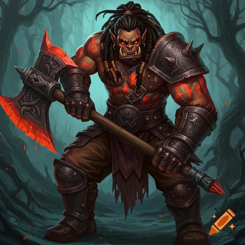 A muscular orc holds a large axe in a dark forest.