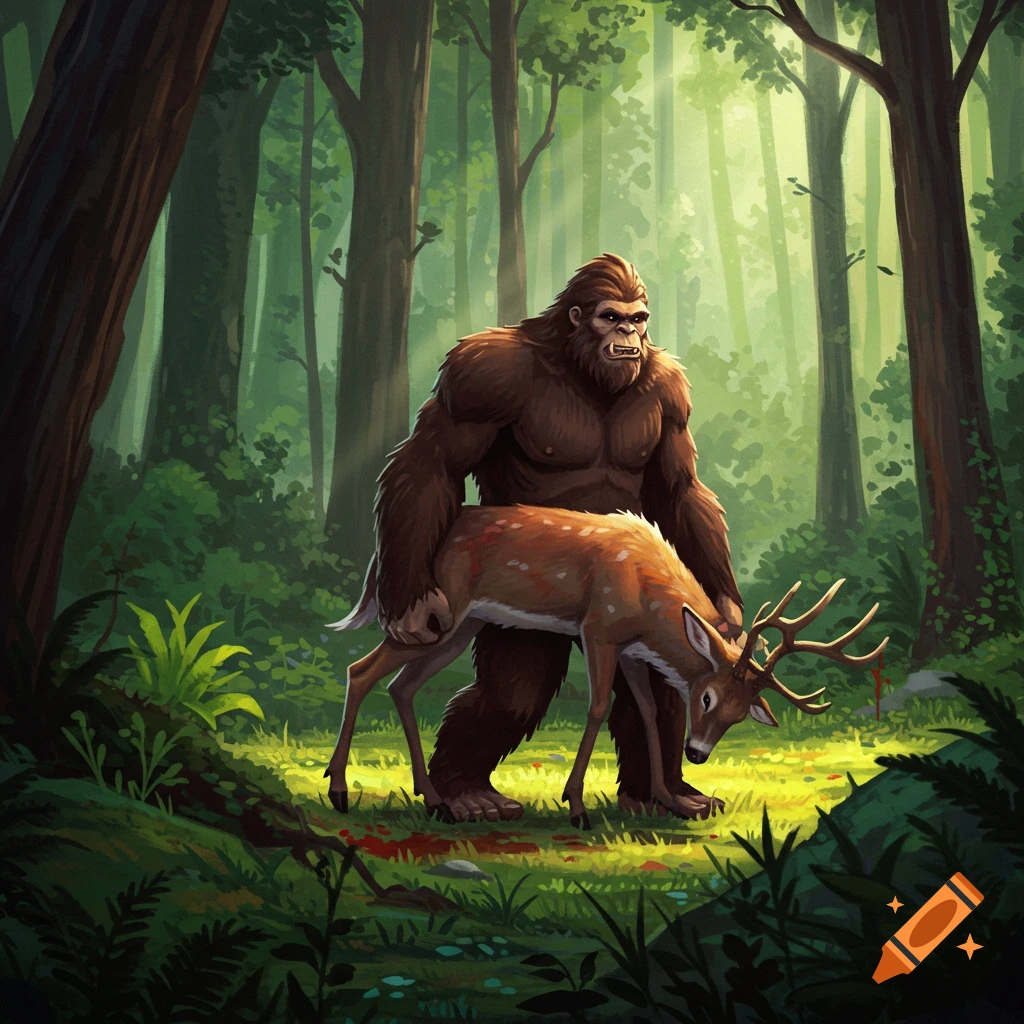 Bigfoot carrying a deer through a sun-dappled forest.