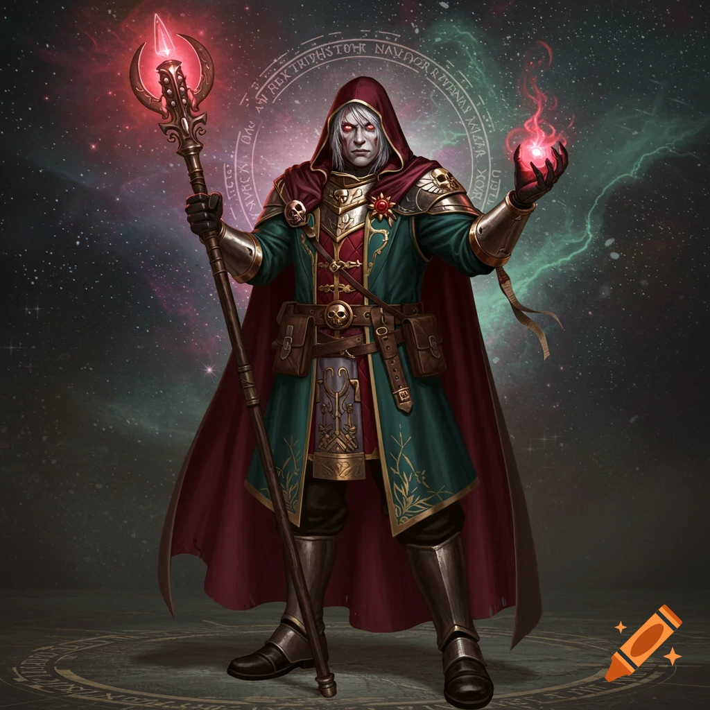 A robed figure with a staff and red eyes stands in space with glowing symbols.