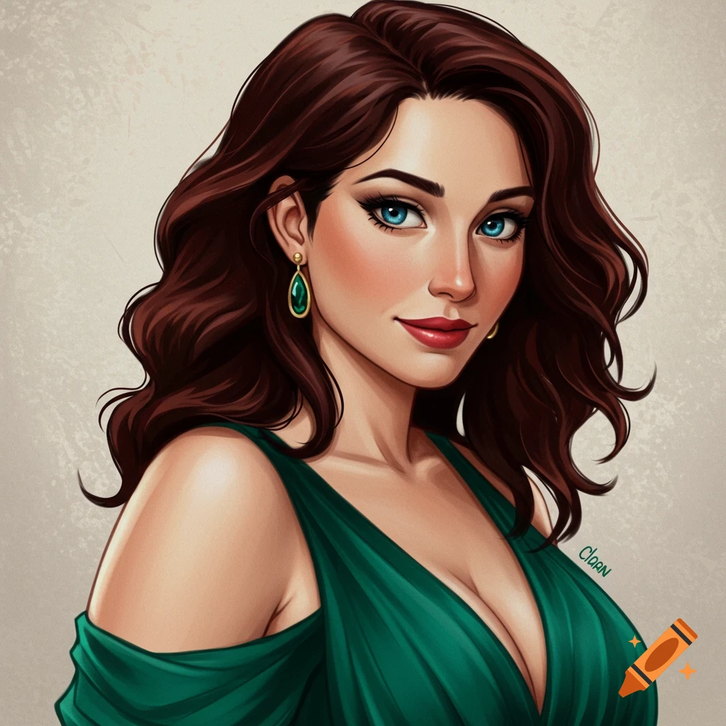 A woman with brown hair and blue eyes wears a green dress and green earrings.