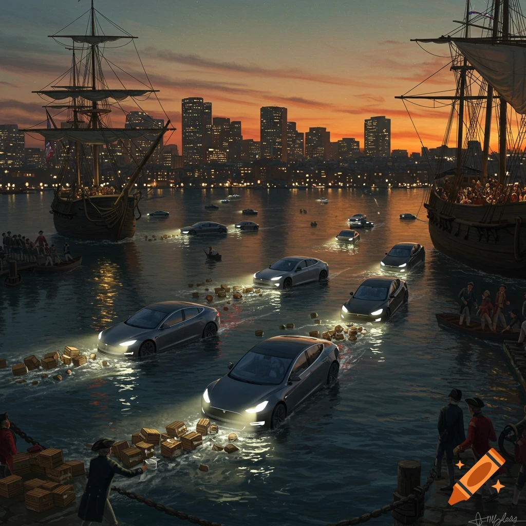 Historical ships and figures alongside Tesla cars floating in a harbor with a city skyline at sunset