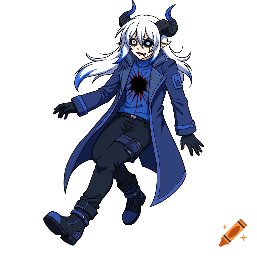 Anime character with white hair, horns, blue coat and sweater, black pants, hole in chest, falling.