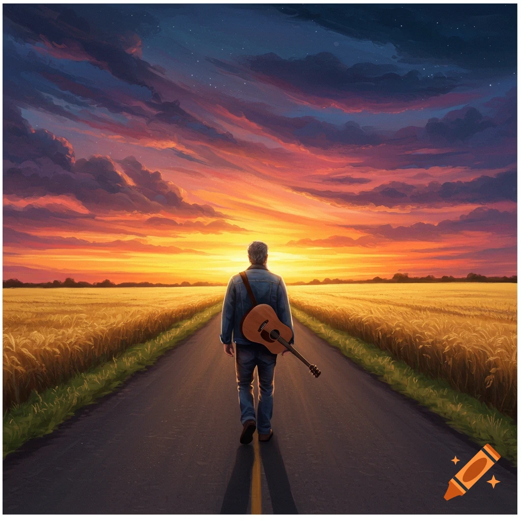 A man walks down a road into a sunset over fields, carrying a guitar.