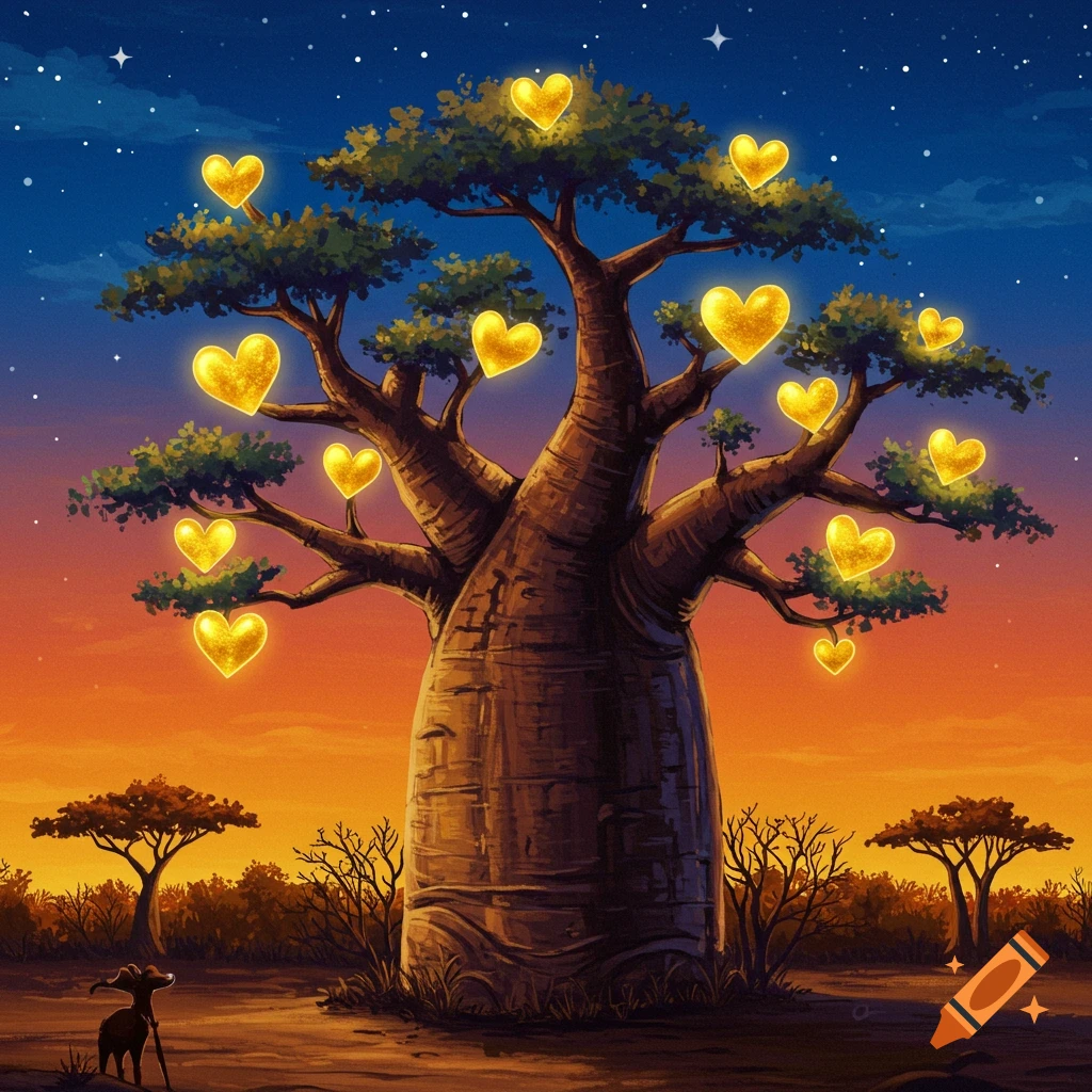 A baobab tree covered in glowing gold heart shapes under a starry sunset sky with a dog.