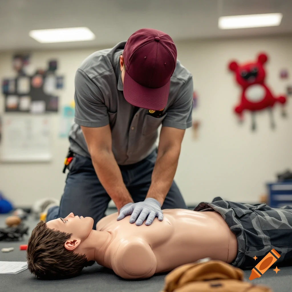 Person in maroon cap and gloves performs CPR on a dummy in a classroom.