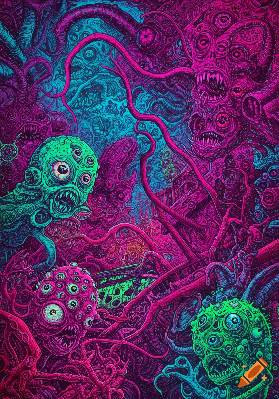 A surreal, psychedelic image of monstrous pink and green alien creatures with many eyes and tentacles.