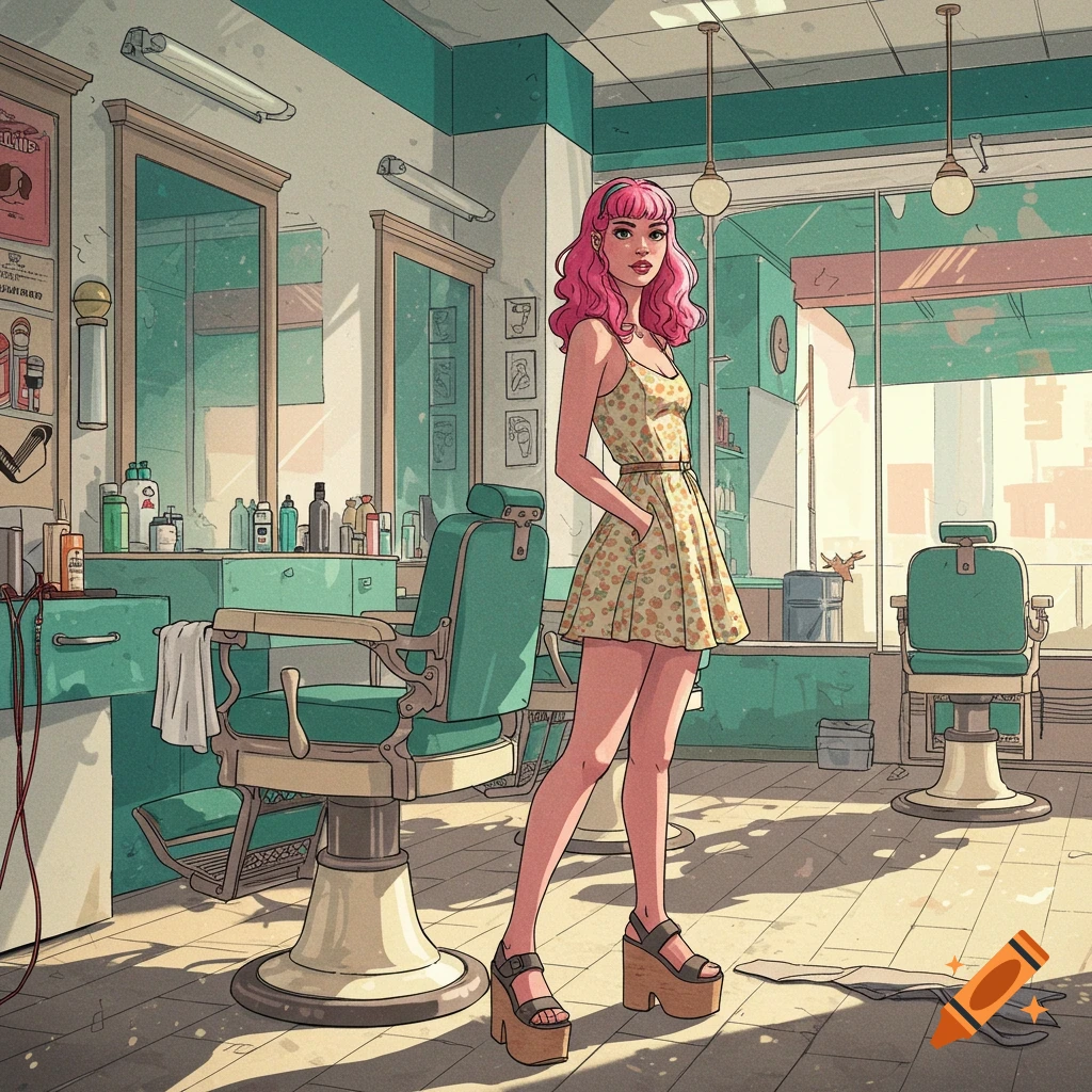 A woman with pink hair stands in a barbershop.