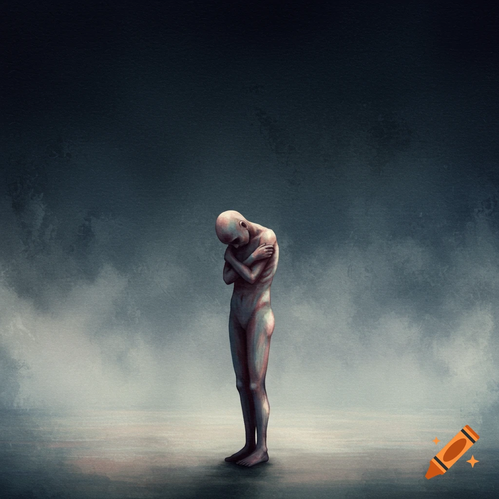 A dark, stylized painting of a thin, bald human figure hugging itself in a void.