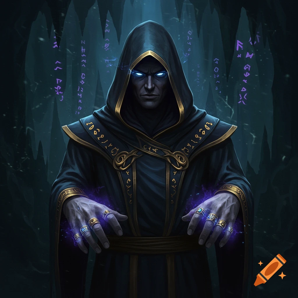 A hooded dark mage with glowing blue eyes and hands stands in a cave, surrounded by mystical symbols.