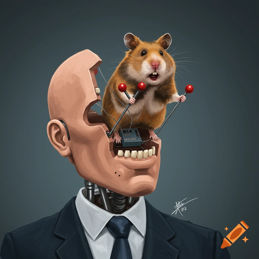 A hamster controls a robot head in a suit, holding levers from inside the skull.