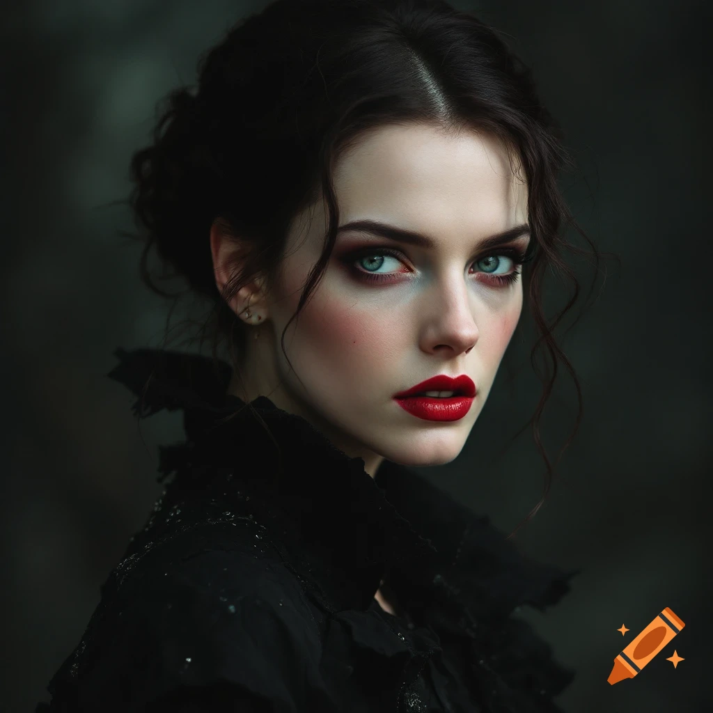 Close-up portrait of a woman with dramatic makeup, dark hair, and red lipstick, wearing a black ruffled garment.