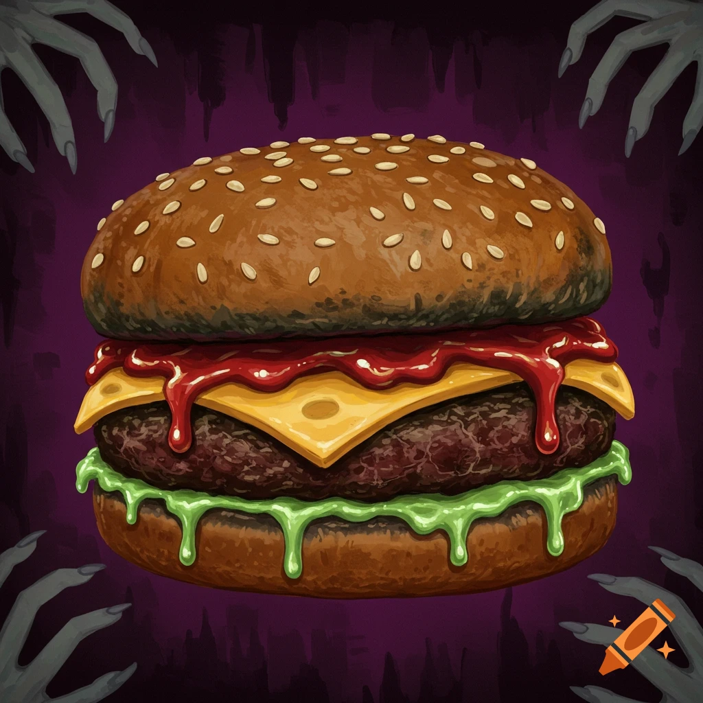 A spooky image of a burger with green and red goo dripping, and clawed hands reaching for it.