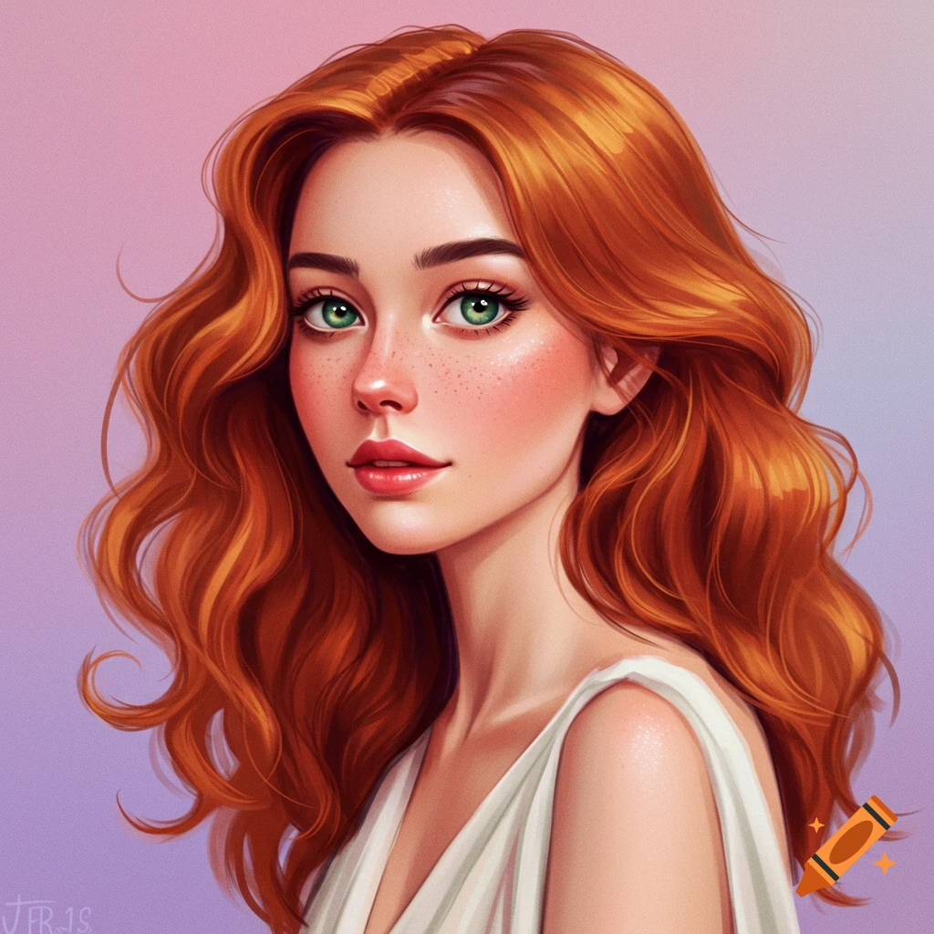 Portrait of a woman with red hair and green eyes.