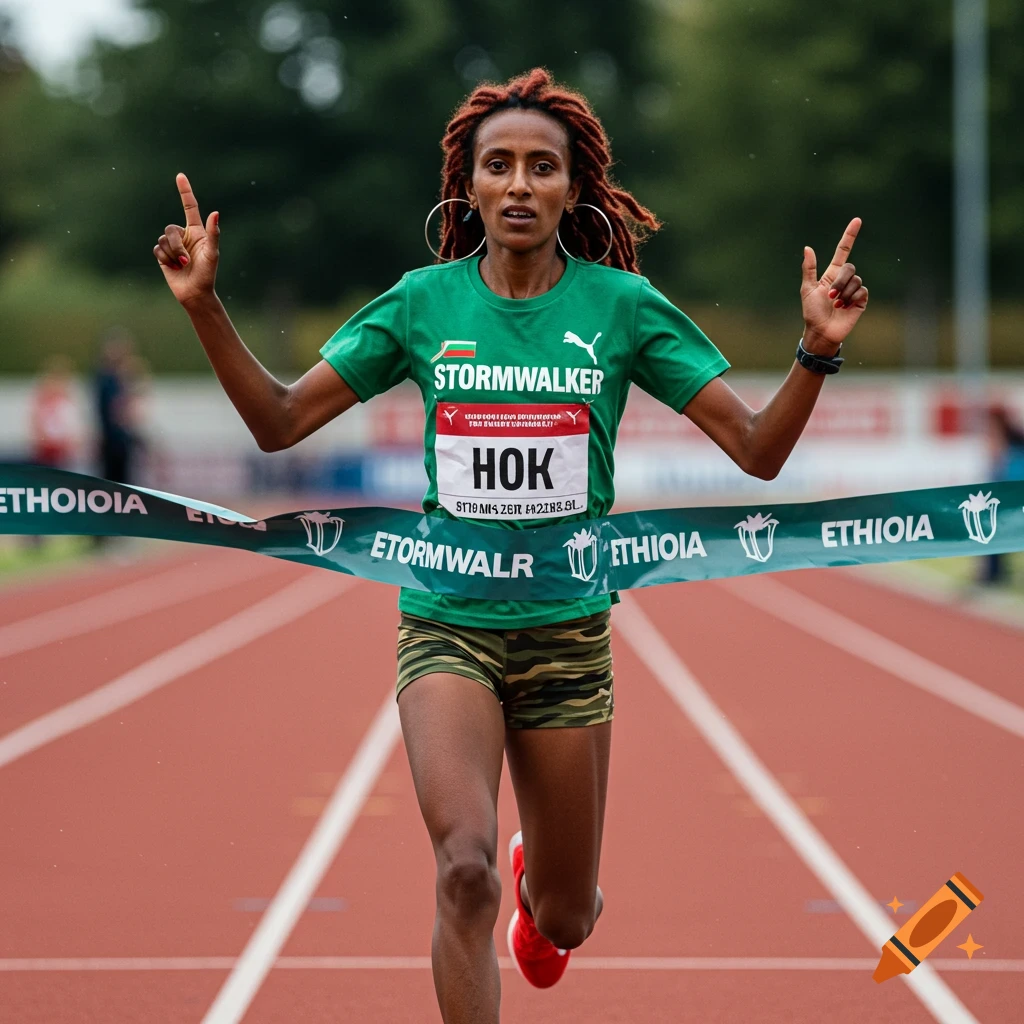 An Ethiopian woman with red locs crosses the finish line in a race, arms raised in victory.