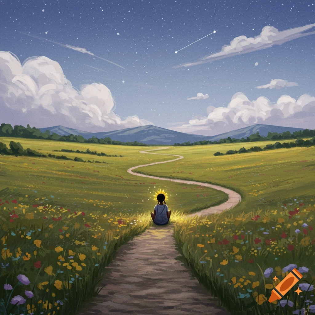 A person sits on a path in a vast field under a starry sky at night.