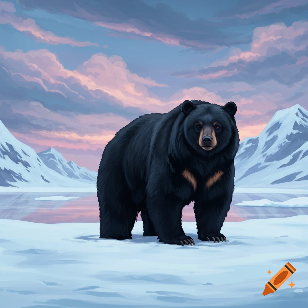 A black bear stands in a snowy arctic landscape under a dramatic sky.