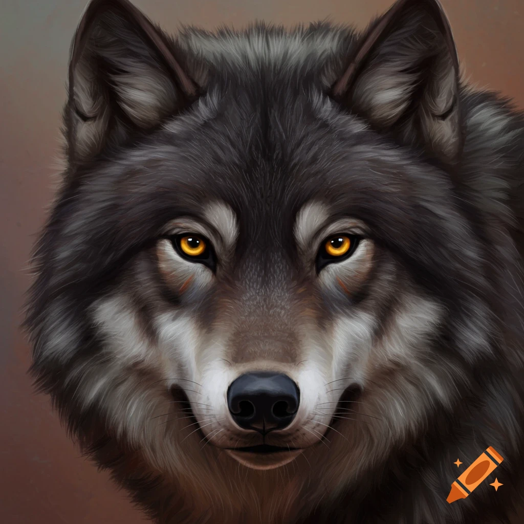 A close-up of a black and grey wolf face with striking orange eyes.
